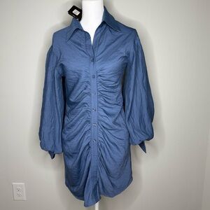 Fashion Nova Blue Ruched Shirt Dress – Size Small
